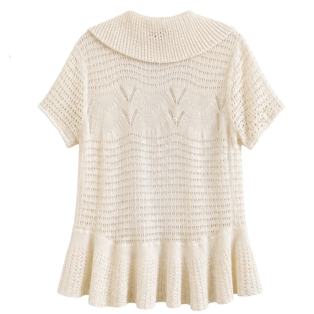 Absolutely Famous Ivory Pointelle Knit Open Front Cardigan Ruffle Hem XL